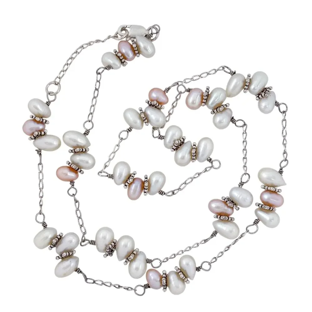 Vintage Sterling Silver 925 Freshwater Pearl Station Necklace 20